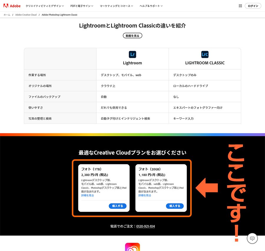 Adobe Lightroom Classicの詳細ページの下部